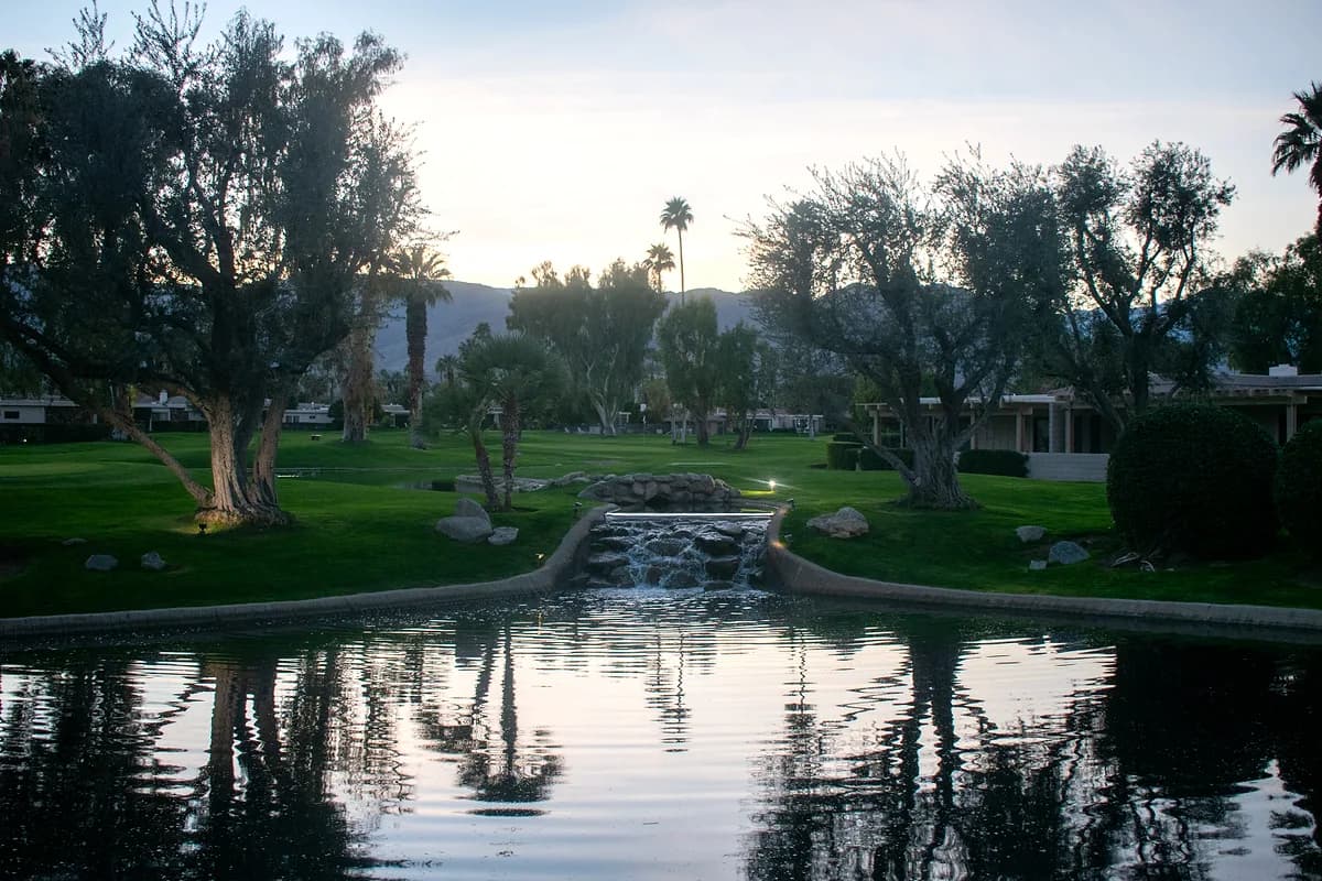Lake with cascading waterfall and palm trees
