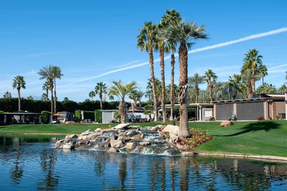 Rock waterfall cascading into lake