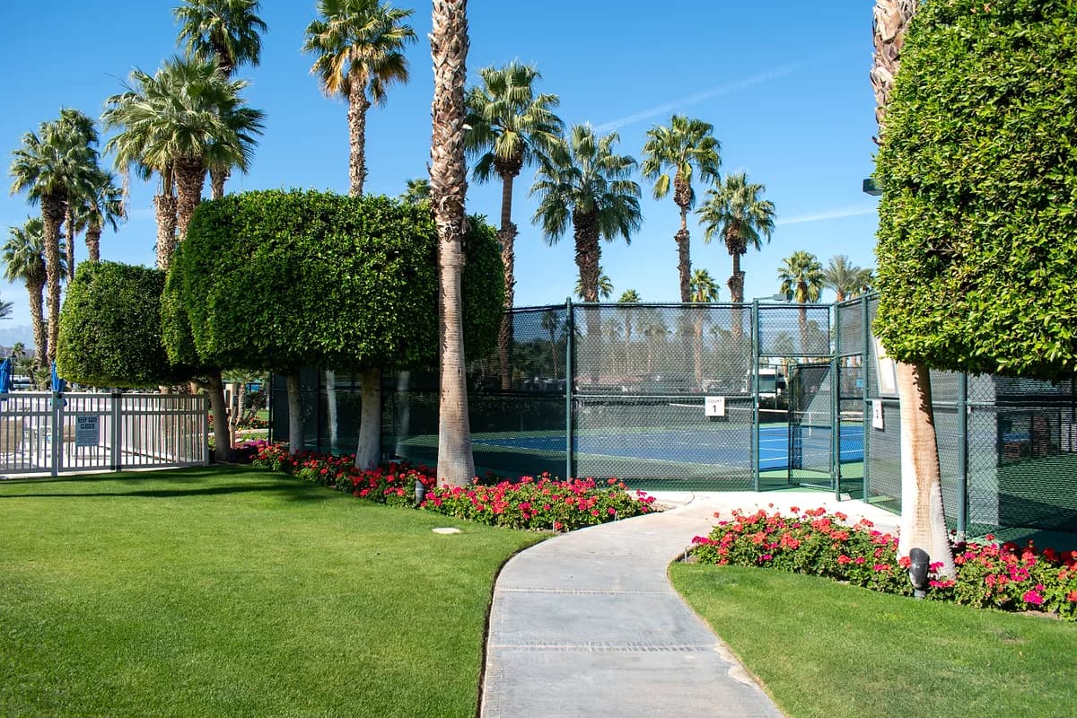 Walkway with manicured topiaries and flowers