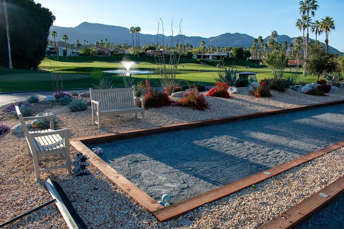 Bocce courts with fountain and mountain views