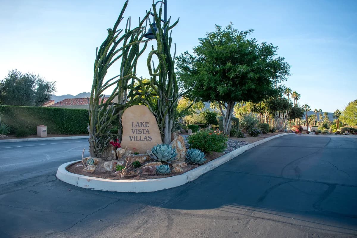 Lake Vista Villas entrance sign with cacti