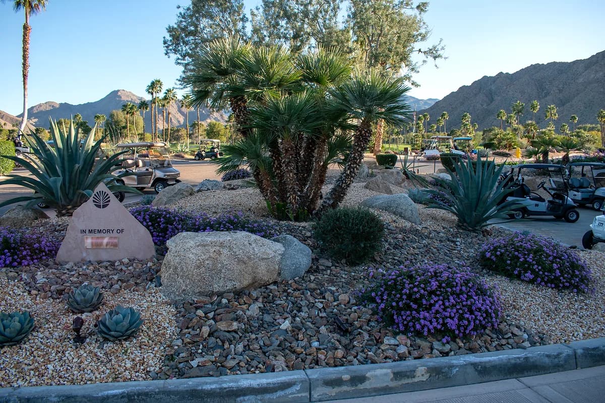 Memorial garden with palms and purple flowers