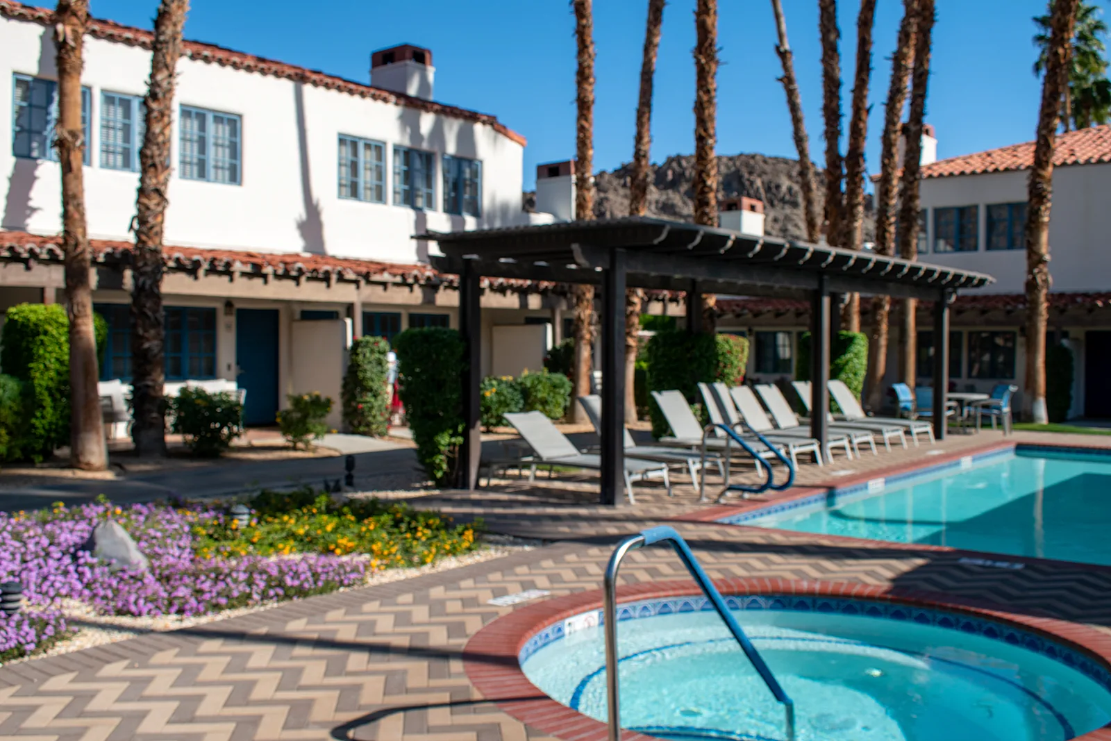 Pool and spa area with flower gardens